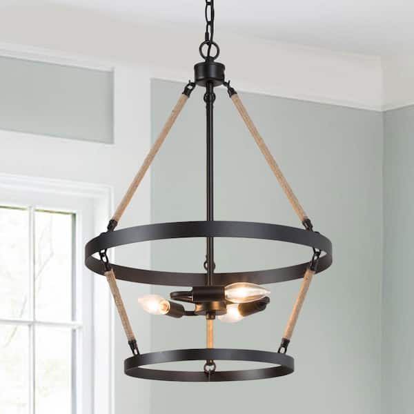 LNC Black Chandelier Drum Candlestick 3-Light Industrial Farmhouse Island Cage Hanging Pendant Light with Ropes
