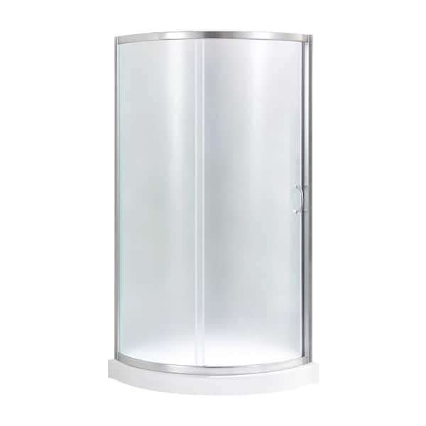 Breeze 35 in. L x 35 in. W x 77 in. H Corner Shower Kit with Frosted Sliding Door in Satin Nickel & Shower Pan(No Walls)