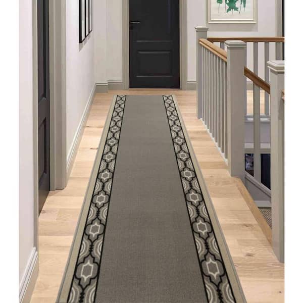 Moroccan Trellis Border Cut to Size Gray Color 31.5" Width x Your Choice Length Custom Size Slip Resistant Runner Rug