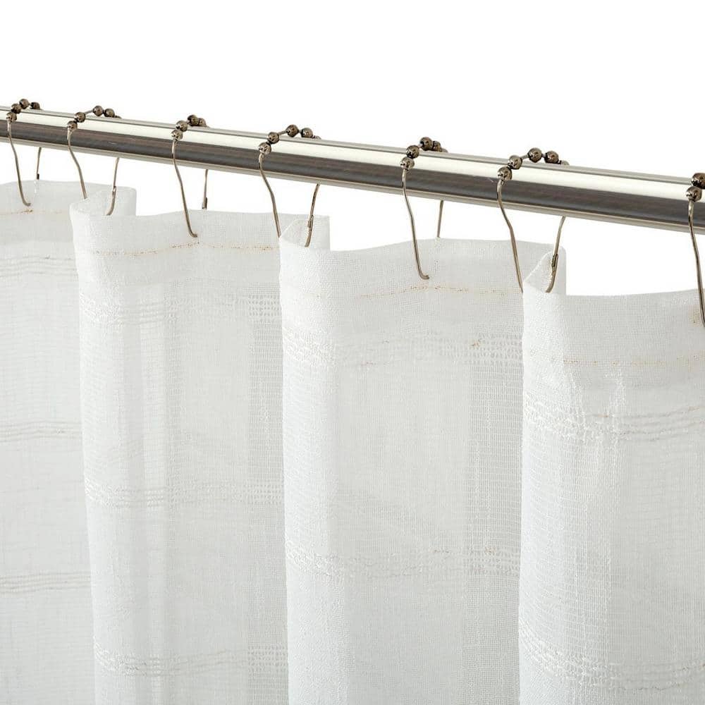 White Faux Linen Striped Fabric Shower Curtain with Liner