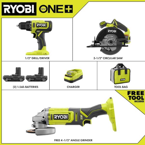 ONE+ 18V Cordless 2-Tool Combo Kit with (2) 1.5 Ah Batteries, Charger, and FREE ONE+ Cordless 4-1/2 in. Angle Grinder