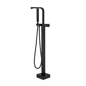 1-Handle Freestanding Floor Mount Tub Faucet Bathtub Filler with Hand Shower in Matte Black