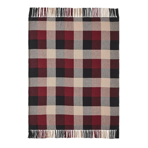 Heritage Farms Burgundy Tan Black Primitive Check Woven 50 in. x 60 in. Cotton Blend Throw Blanket