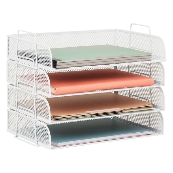 14 in. L x 9.75 in. W x 11.25 in. H Stackable Paper Tray Desktop Organizer, 4 Pcs., White