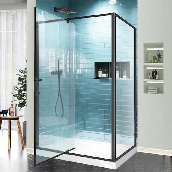 48 in. W x 36 in. D x 71 in. H Pivot Door Semi Frameless Corner Shower Enclosure in Matte Black