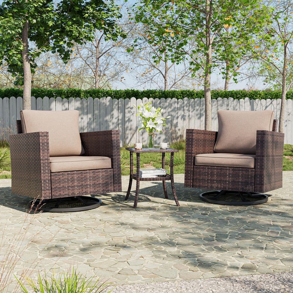 Sonkuki 3-Piece Brown Wicker Outdoor Swivel Rocking Chairs