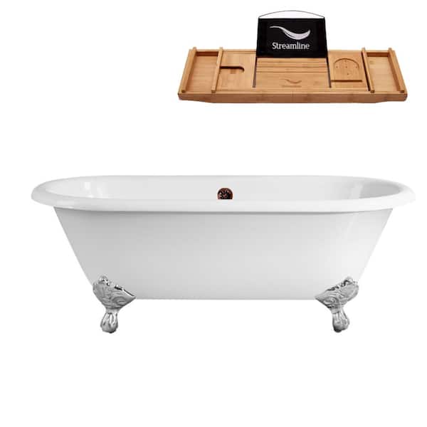 Streamline 60 in. Cast Iron Clawfoot Non-Whirlpool Bathtub in Glossy White, Matte Oil Rubbed Bronze Drain, Polished Chrome Clawfeet