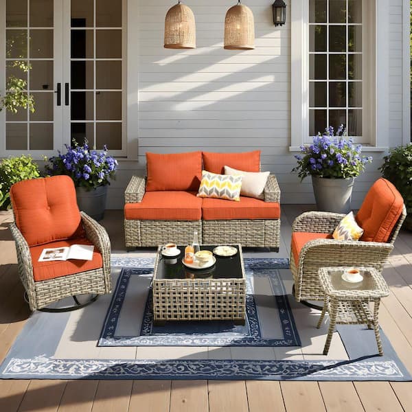 Torino Gray 6-Piece Modern Wicker Patio Conversation Deep Seating Set with Swivel Rocking Chairs and Orange Red Cushions