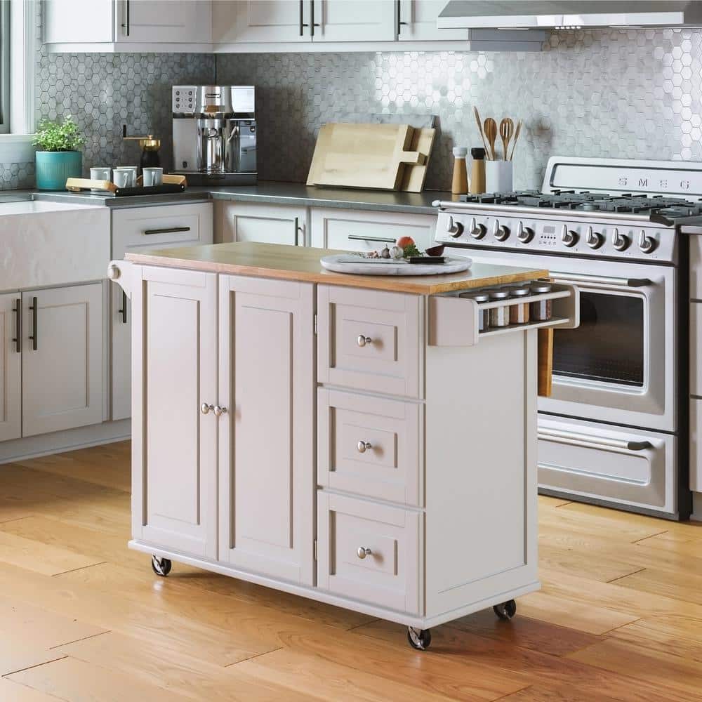 White Wood Drop Leaf Kitchen Cart with Spice Rack