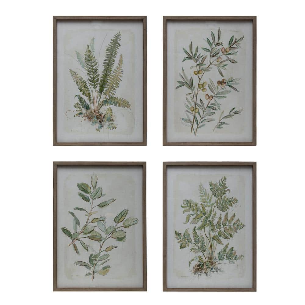 Set of 4 Green Botanical Prints in Brown Wood Frames
