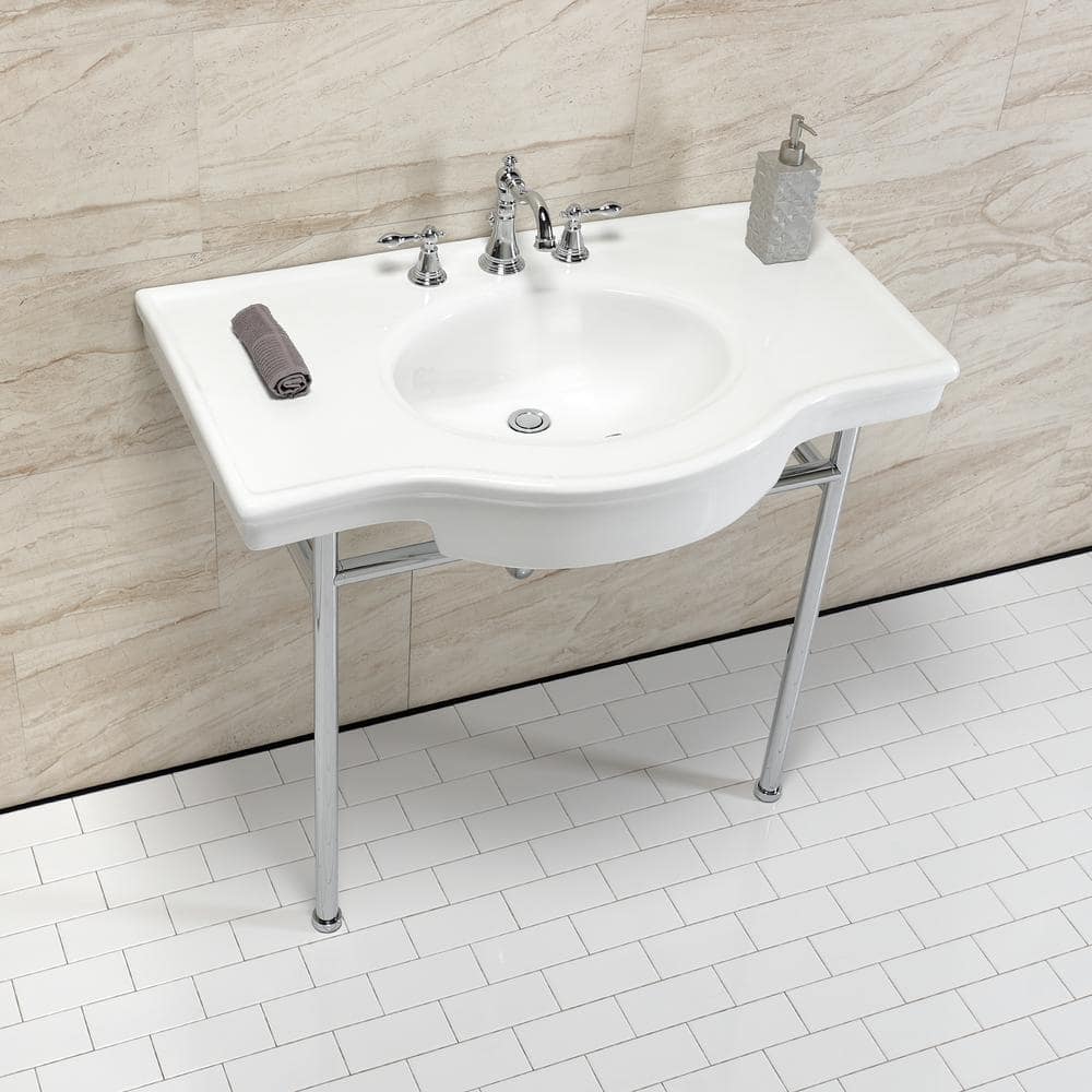 Manchester 37-Inch White Ceramic Console Sink with Stainless Steel Legs