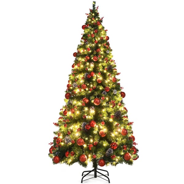 Costway 7 ft. Pre-Lit Hinged Artificial Christmas Tree with Pine Cones Red Berries and Ornaments