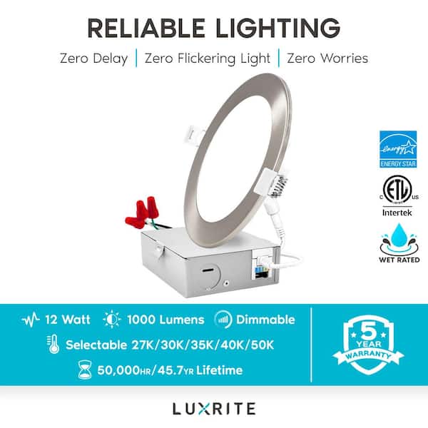6 in. Canless Ultra Thin with J-Box 12W CCT 2700K - 5000K Remodel Integrated LED Recessed Light Kit Nickel