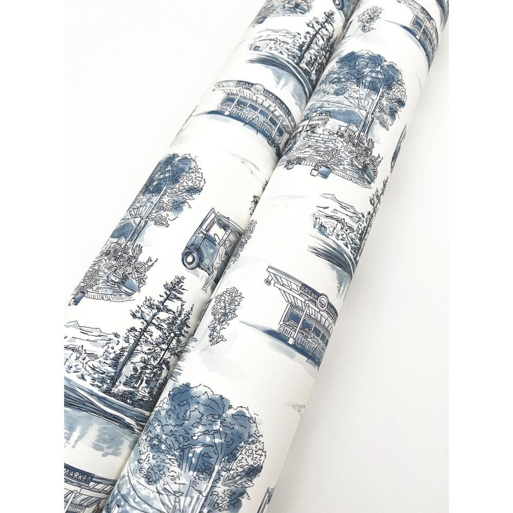 Navy Scenic Vista Toile Pre-pasted Washable Wallpaper