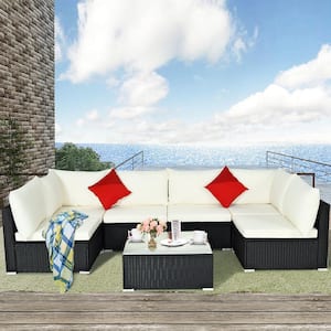 7-Piece Rattan Patio Conversation Set Sectional Sofas with Off White and Navy Cushion Covers