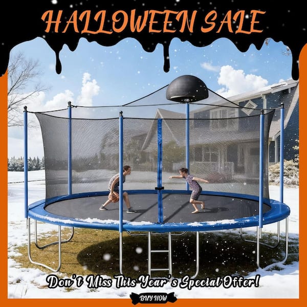 SUNRINX 14 ft. Blue Round Trampoline with Safety Enclosure Net and Basketball Hoop