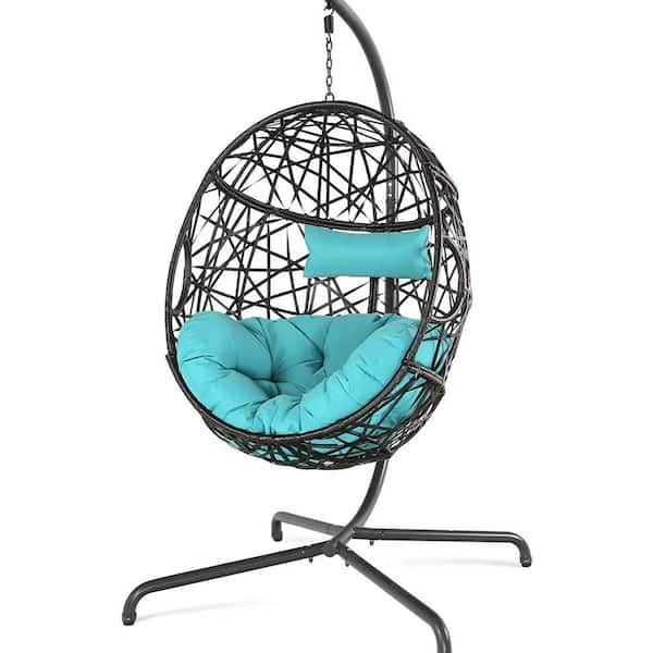 Hanging Egg Chair with UV Protection Cushion Wicker Rattan Hammock Basket Chair with Stand (Turquoise)