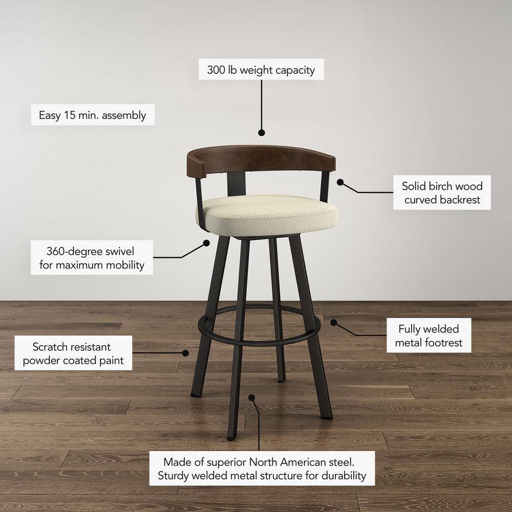 Lars 30'' Swivel Bar Stool in Cream Bouclé and Brown Wood