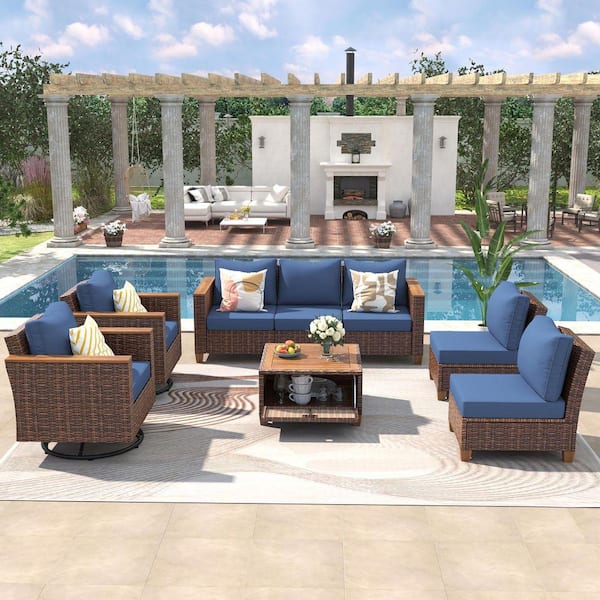Brown 8-Piece Wicker Outdoor Sectional Set with Blue Cushions and Storage Table