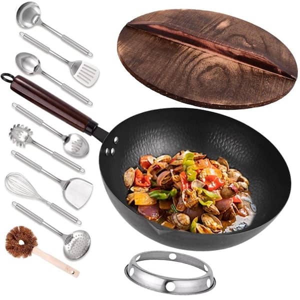 12.8 in. Carbon Steel Wok and Stir-Fry Pan with Lid, Cookware Accessories for Electric, Induction, Gas Stoves, 11-Piece