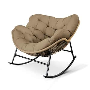 Oversized Brown PE Wicker Outdoor Rocking Chair Papasan Chair with Brown Cushion