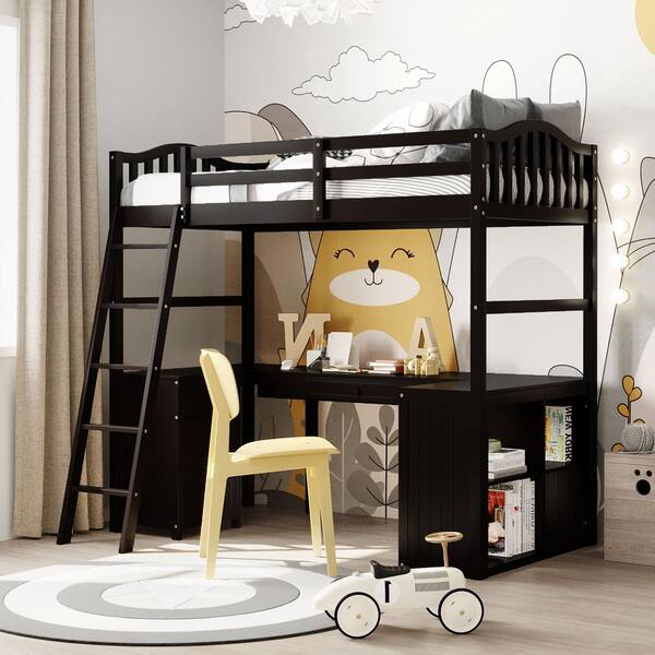 Gosalmon Espresso Twin Wooden Loft Bed, Wooden Bunk Beds With Drawers And Desk