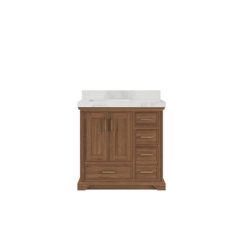 "Charlotte 36 in. W x 22 in. D x 36 in. H Left Offset Sink Bath Vanity in Dark Natural with 2"" Calacatta Nuvo Qt. Top" price history on PriceWatchPro