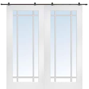 60 in. x 80 in. Primed Composite 9-Lite Clear Double Sliding Barn Door with Hardware Kit