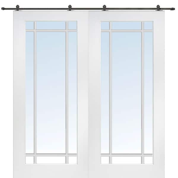 MMI DOOR 60 in. x 80 in. Primed Composite 9-Lite Clear Double Sliding Barn Door with Hardware Kit