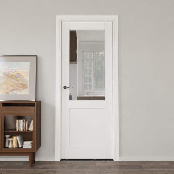 30 in. x 80 in. 1/2 Lite Clear Glass and Solid Core MDF White Primed Standard Interior Door Slab