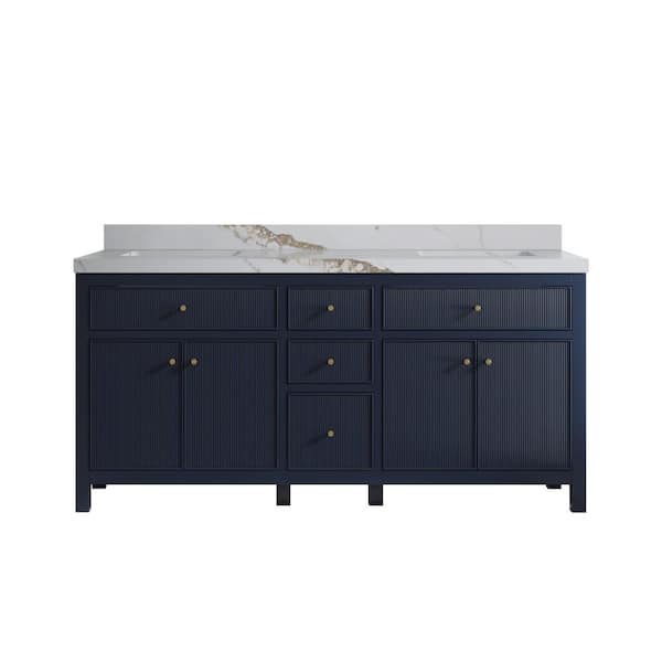 Willow Collections Sonoma 72 in. Double Sink Freestanding Navy Blue Bath Vanity with Calacatta Gold Qt. Top Unassembled