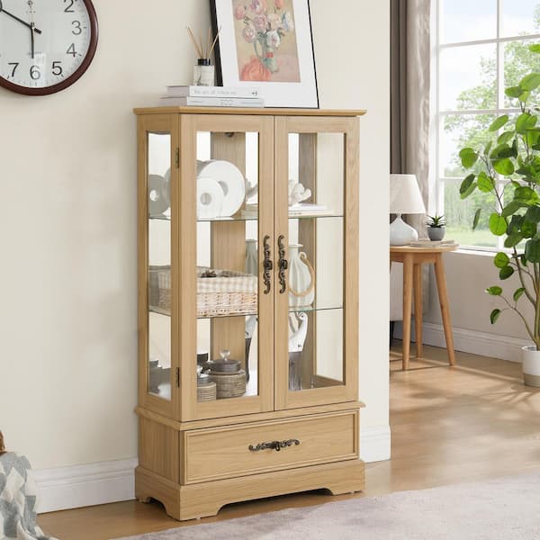 Louisa Oak Wood 47.4 in. Curio Display Cabinet with 2 Doors and 1 Drawer