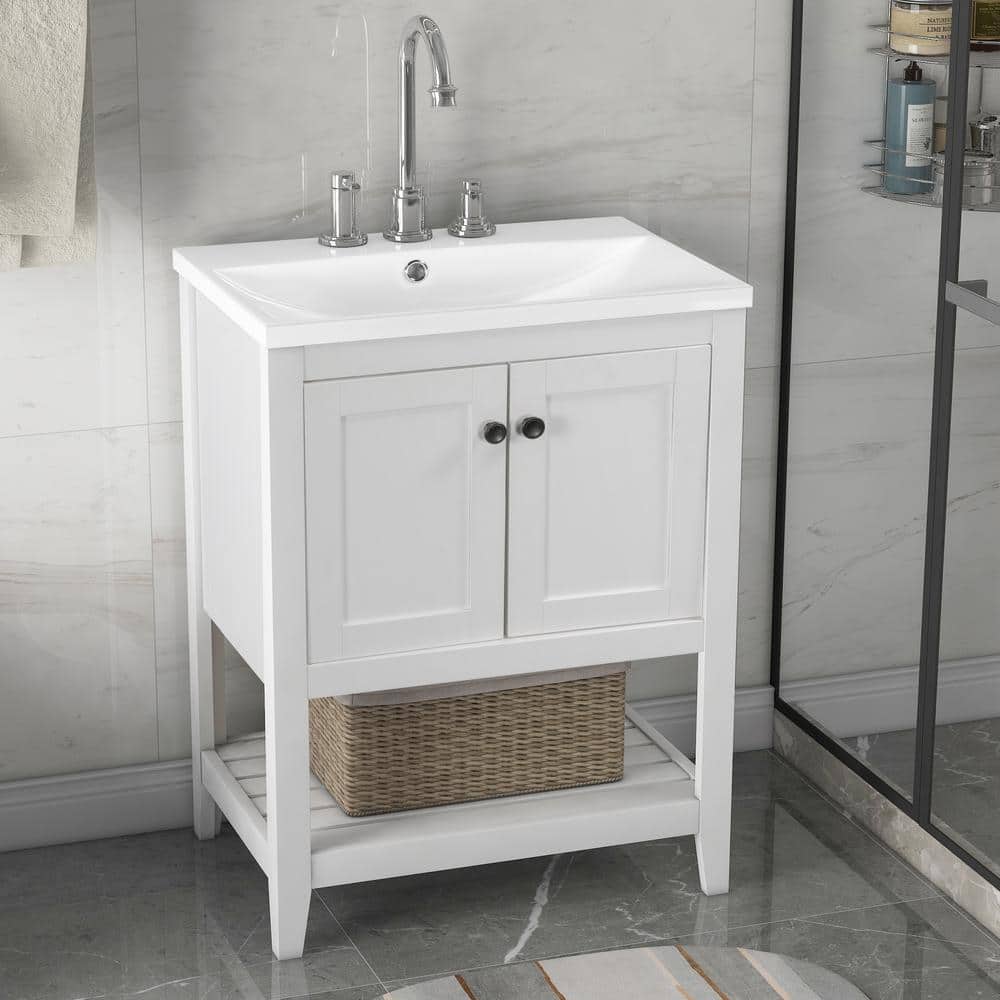 24" White Wood Freestanding Bathroom Vanity with Ceramic Sink