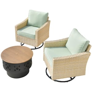 Oconee 3-Piece Wicker Patio Conversation Swivel Rocking Chair Set with a Wood-burning Firepit and Light Green Cushions