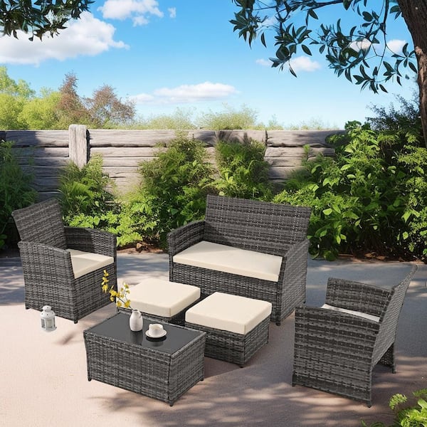MIRAFIT 6-Piece Wicker Outdoor Patio Sectional Conversation Seating Set with Gray Cushions and Ottoman