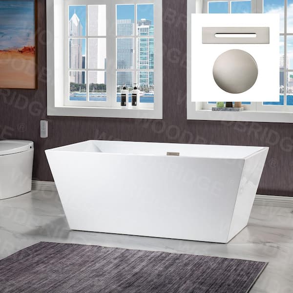 WOODBRIDGE Mulhouse 59 in. Acrylic Flatbottom Rectangle Bathtub with Brushed Nickel Overflow and Drain Included in White