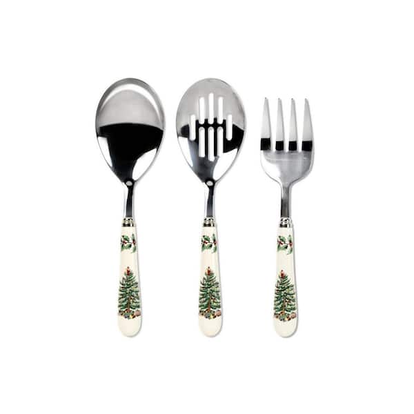 Christmas Tree 3-Piece Holiday Silver Stainless Steel Cutlery Set with Porcelain Handles (Service for 1)