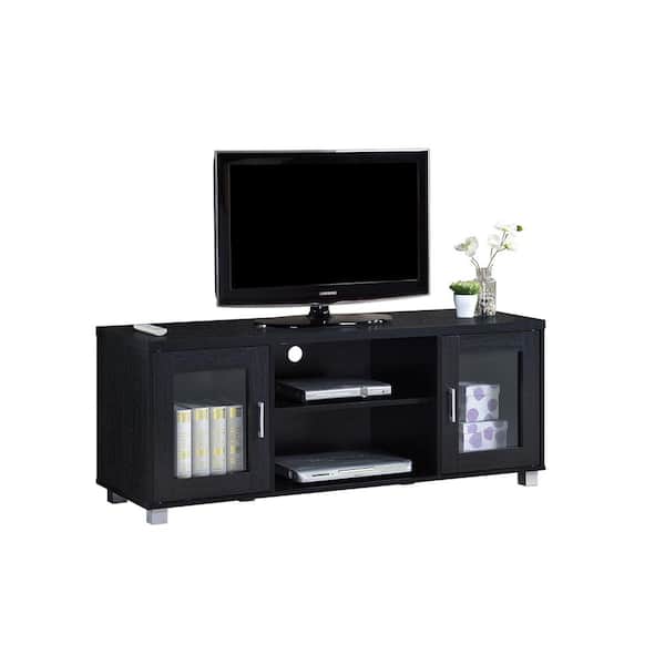 HODEDAH 57 in. Charcoal Wood TV Stand Fits TVs Up to 60 in. with Cable Management