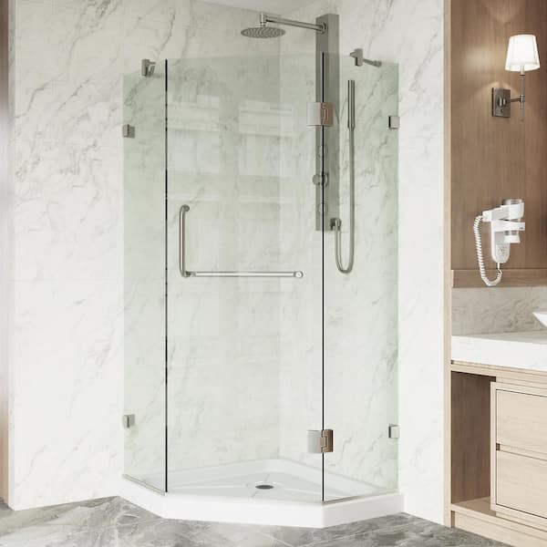VIGO Piedmont 36 in. L x 36 in. W x 77 in. H Frameless Pivot Neo-angle Shower Enclosure in Brushed Nickel with Clear Glass
