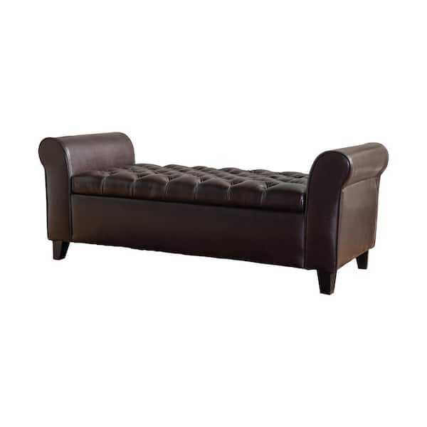Noble House Keiko Tufted Brown Leather, Real Leather Storage Bench