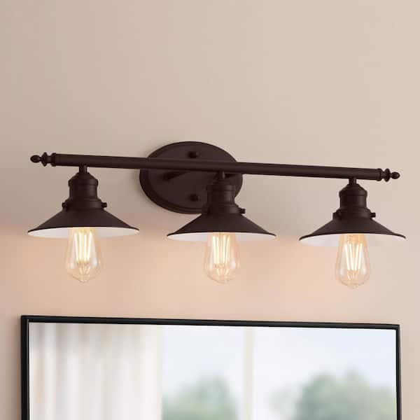 Hampton Bay Glenhurst 25 in. 3-Light Industrial Farmhouse Bronze Bathroom Vanity Light Fixture with Metal Shades