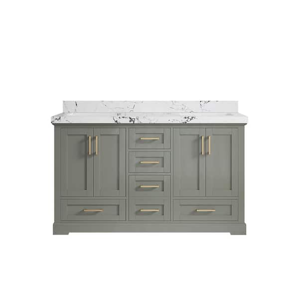 Willow Collections Boston 60 in. Double Sink Freestanding Evergreen Bath Vanity with Viola Night Quartz Top Unassembled