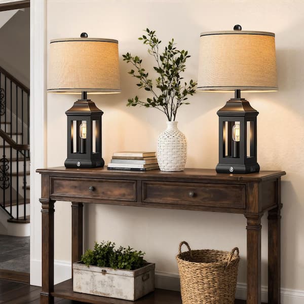 24 in. Rustic Resin Table Lamps Set of 2 Touch Dimmable Bedside Lamps with USB A+C Ports and Dual Light Sources, Black