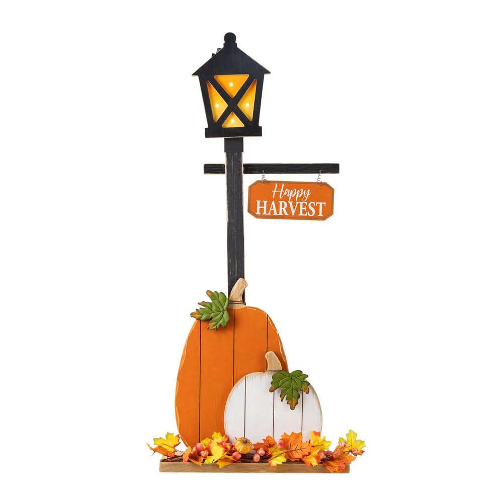 Glitzhome 36 in. H Fall Lighted Wooden Pumpkin Lamp Post Porch