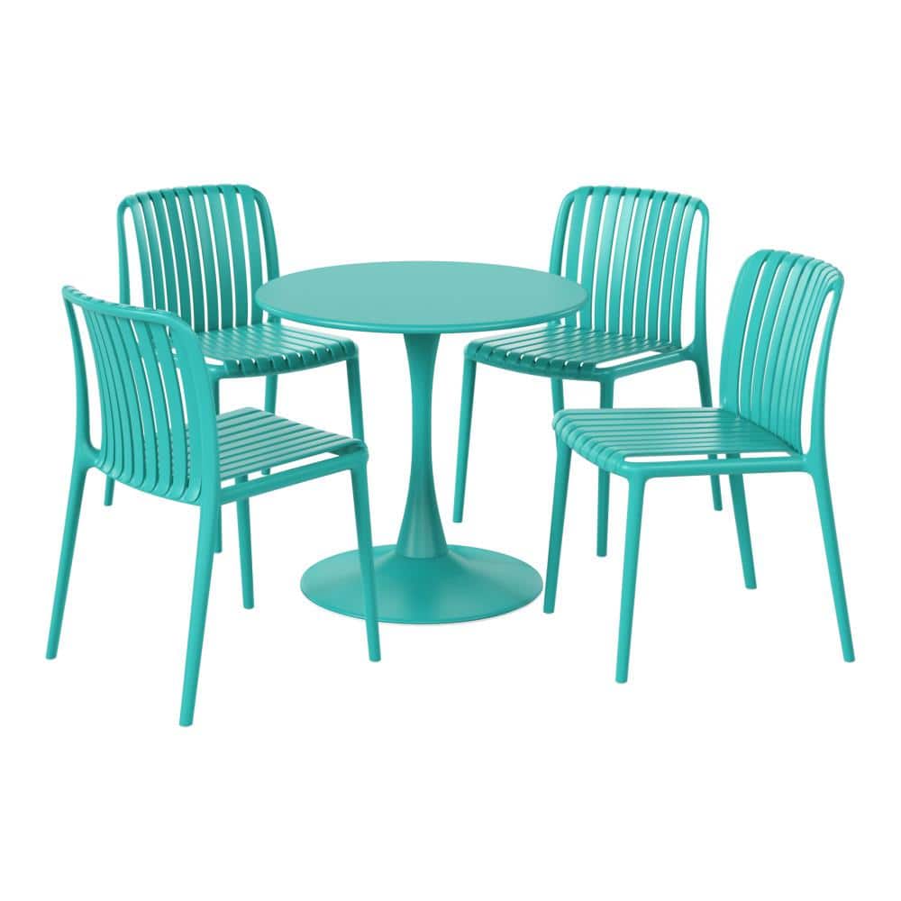 Frond&Form Outdoor Patio Modern 5-Piece Round HDPE Plastic Dining Table Set With Stackable Chairs, Turquoise price history on PriceWatchPro