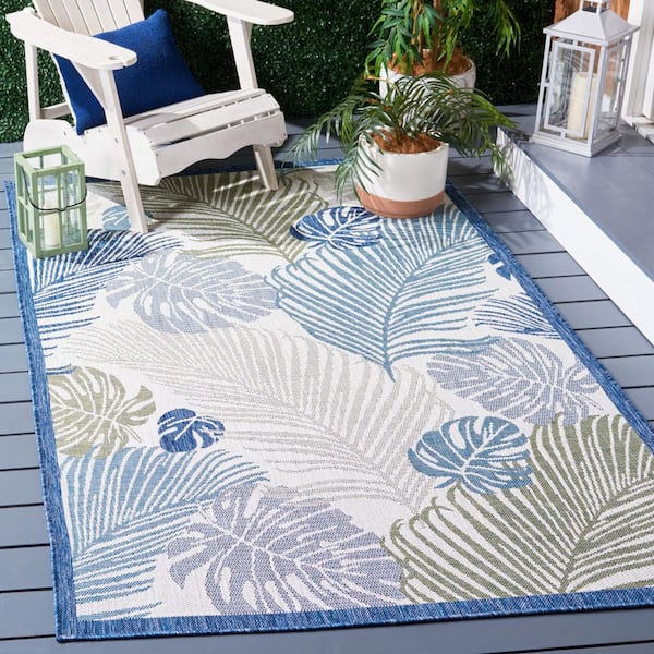 Courtyard Beige/Green Blue 5 ft. x 8 ft. Oversized Botanical Leaf Indoor/Outdoor Area Rug