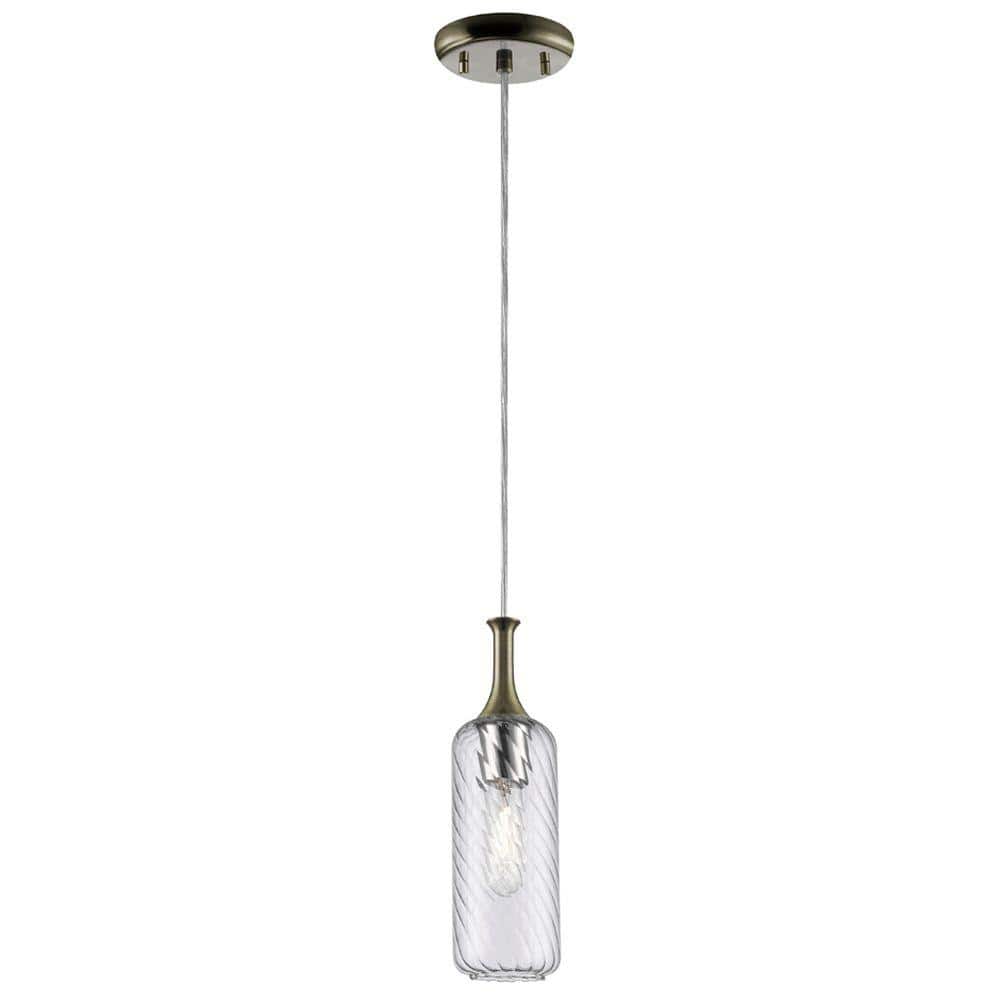 1-Light Antique Brass Iron Mini Pendant with Clear Ribbed Glass