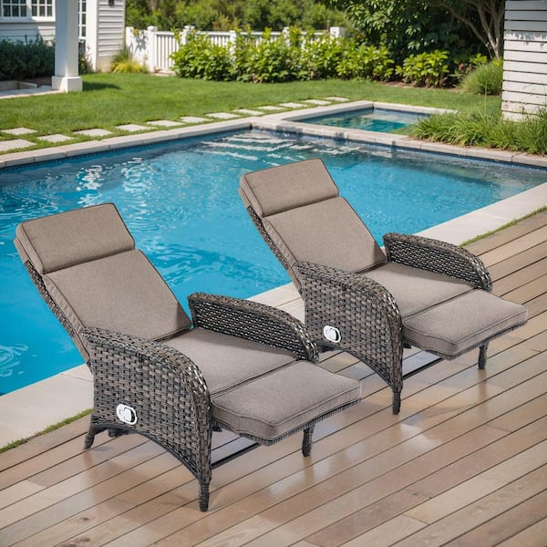 PlainCurve 2-Piece Brown Wicker Outdoor Patio Adjustable Recliner Chair with Gray Cushions