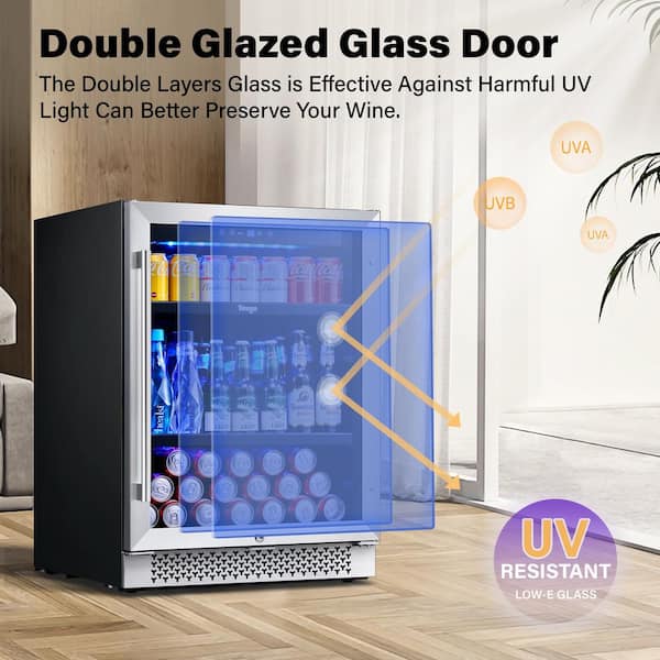 Costway 15 Inch Beverage Refrigerator, Built-in Beverage Cooler w/  Double-Layer Tempered Glass Door