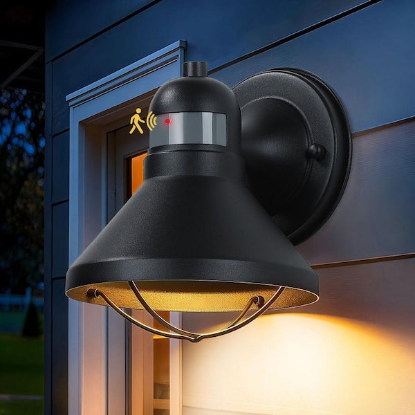 Black Barn Outdoor Wall Sconce 7.5 in. Motion Sensing Dusk to Dawn Hardwired with Integrated LED